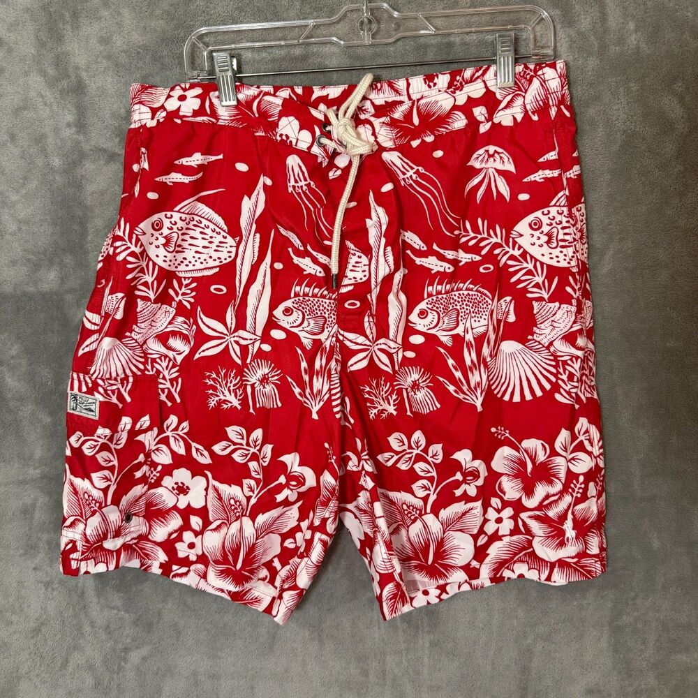 Polo Ralph Lauren Men XL Red White Fish Print Shorts Tropical Cargo Pocket